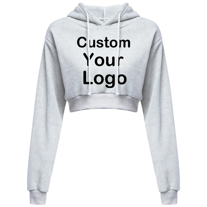 Customized Logo Print  Crop Hoodie Women Spring Autumn Pullovers Ladies Solid Color Drawstring Hooded Full Sleeve Sweatshirt