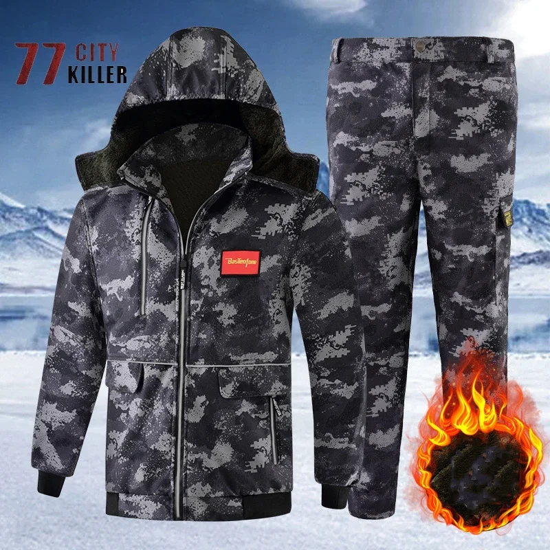 Winter Fleece Thickened Camouflage Men's Suit Multiple Pockets Windproof Waterproof Jacket Men Outdoor Sports Hiking 2-piece Set