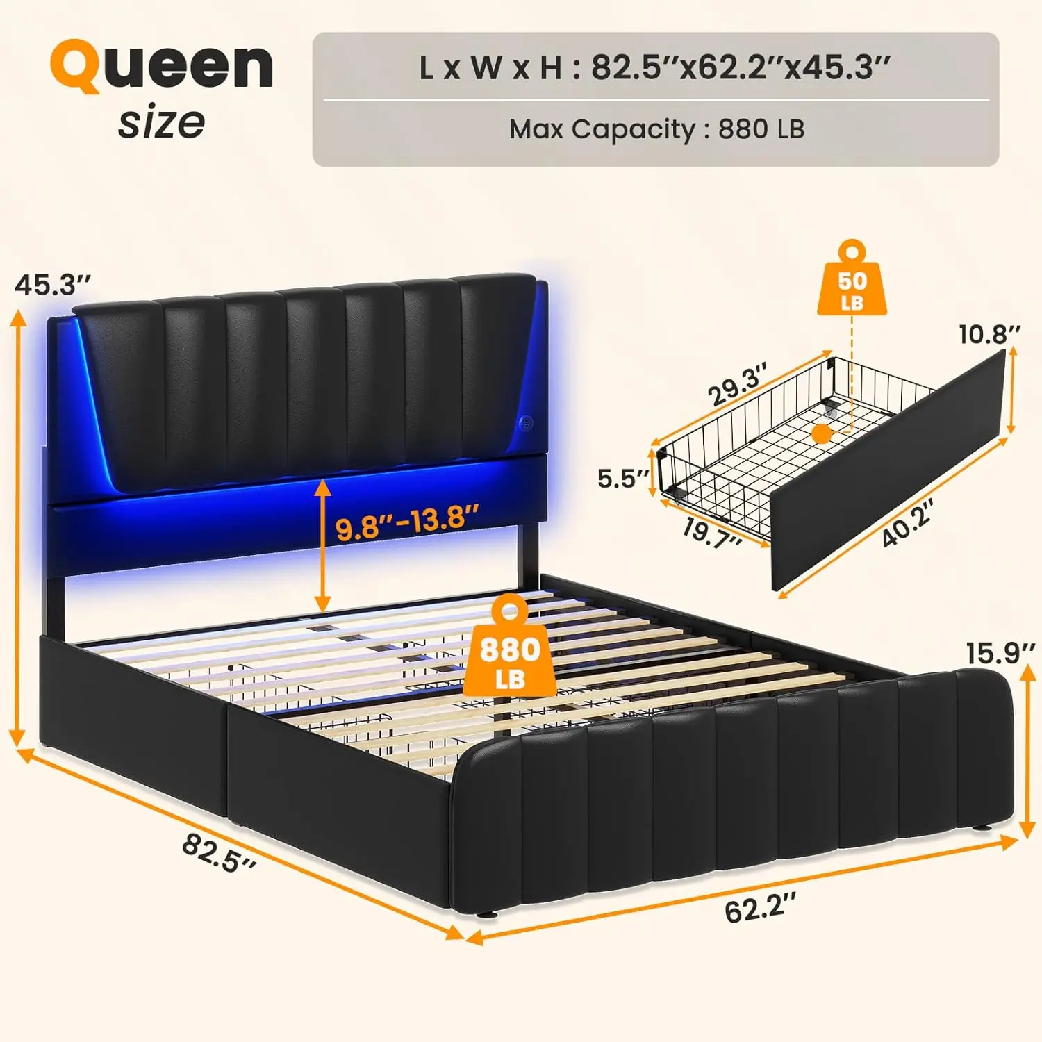 NEW Queen Bed Frame with Headboard and 4 Storage Drawers, Platform Bed Frame Queen Size with Led Light & 2 USB Ports