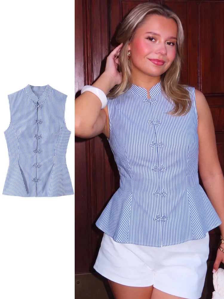 HH Women Summer Casual Blue White Striped Peplum Blouse Mandarin Collar Frog Button Sleeveless Slim Fit For Vacation Beach Party