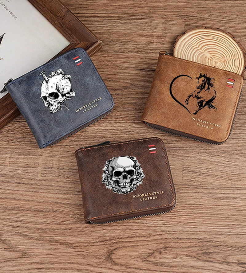 

Skull Dragon Horse Men's Vintage Short Wallet Zipper Coin Purse Buckle Waist Chain Money Bag Zero Wallet for Students Gift