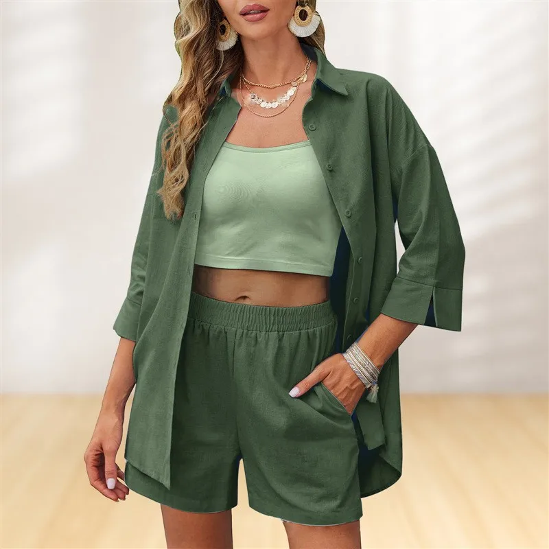 

2024 Summer Fashion Solid Color Women's Casual Loose Three-quarter Sleeve Shorts Suit Ensemble Femme 2 Pièces Été