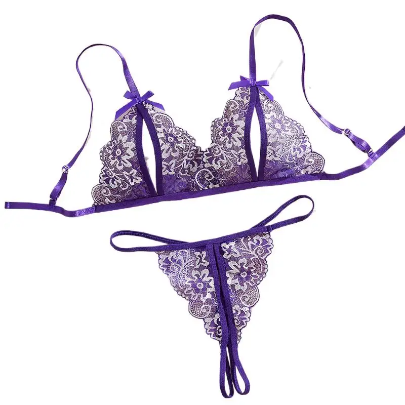 Purple Hot Crotchless Transparent Hollow Out Bra Panty Set Sexy Lingerie For Wo…