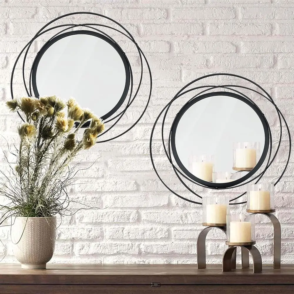 

2 Set 15.7'' Bla Circle Mirrors Wall Decor Iron Frame Mirrors Wall Art Round Mirrors Home Decor Hanging Mirrors For Living