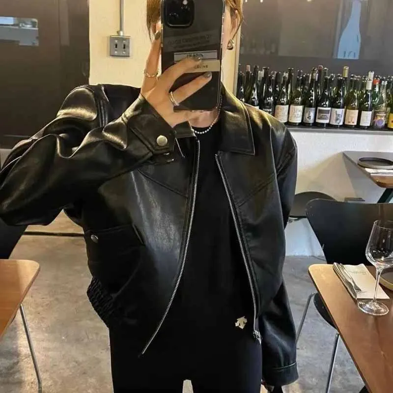 Female Short Leather Outwear Spring Autumn Lady Fashion Zipper Faux Leather Tops Korean Women Flip Collar PU Leather Coat