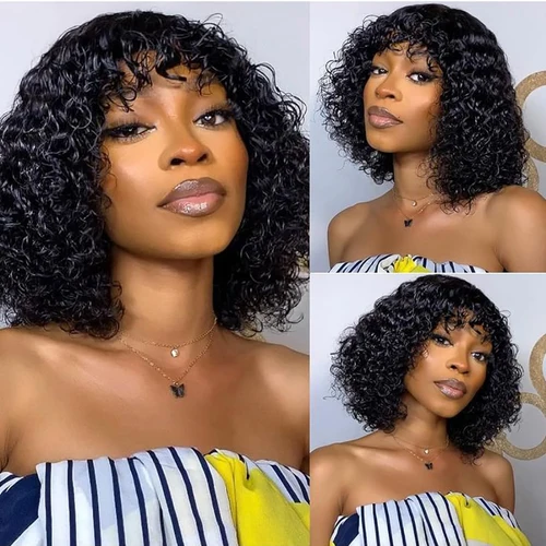 Imagen 2 del producto Pelucas de cabello humano brasileño ondulado con agua, corte Pixie corto y rizado con flequillo prearrancado para mujeres, 100% cabello humano, hecho a máquina