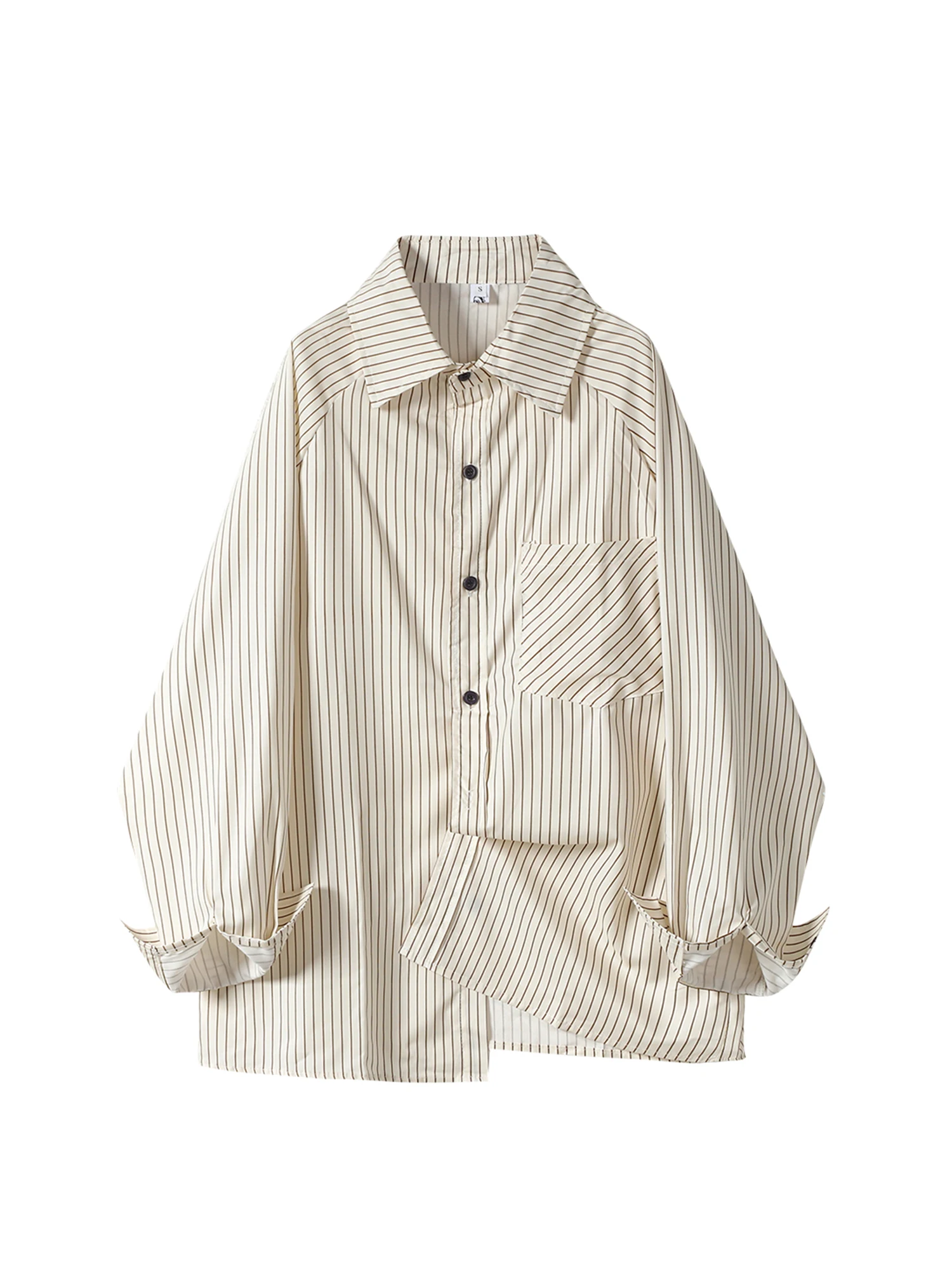 

Women Apricot Polo-Neck Striped Shirts and Blouses Vintage Aesthetic Elegant Y2k 2000s Long Sleeve Shirt Spring Autumn Clothes