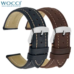 WOCCI Retro Cowhide Watch Band,Natural Crack,18mm 19mm 20mm 21mm 22mm,Black Brown Grey with Stainless Steel Buckle