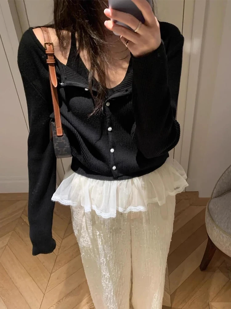 

Korean Chic Autumn Niche Design Splicing Lace Hanging Neck Strap+knitted Cardigan Sweater Jacket