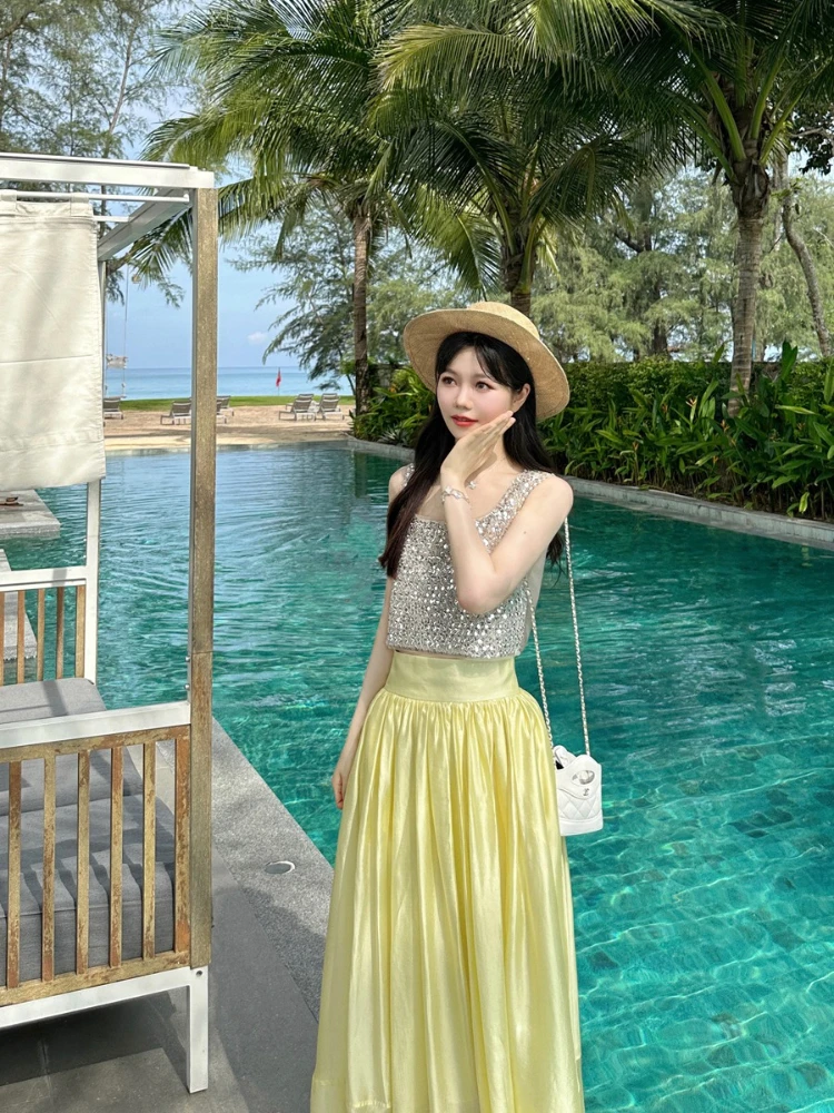 Été 2025 nouvelle industrie lourde paillettes débardeur taille haute jupe longue haut tendance et jupe élégant deux pièces ensembles