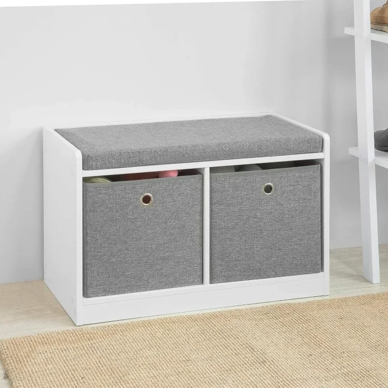 

Grey 2 Baskets Hallway Bedroom Storage Bench with Seat Cushion Shoe Bench Shoe Rack Shoe Cabinet