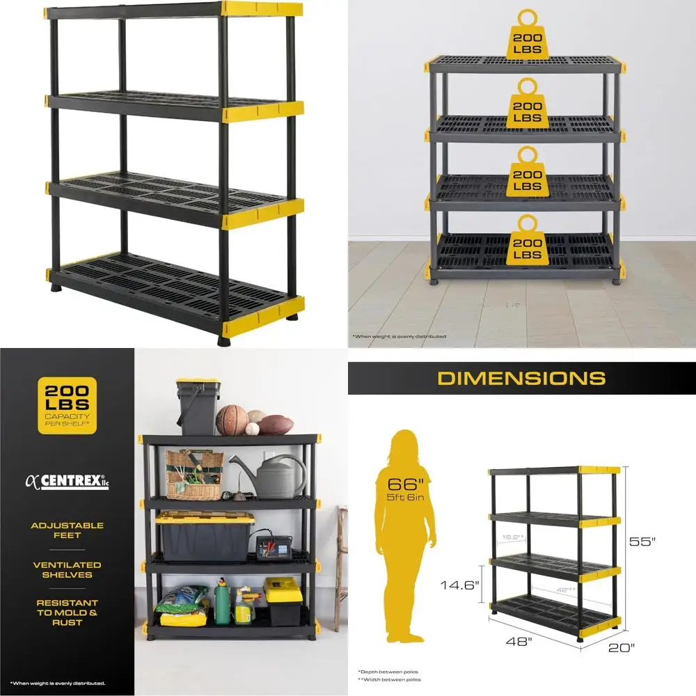 

Сверхмощный пластиковый стеллаж для хранения с 4 полками, вместимость 200 фунтов на полку, 55 часов x 48 В x 20 д, подходит для использования в помещении и на открытом воздухе, сборка