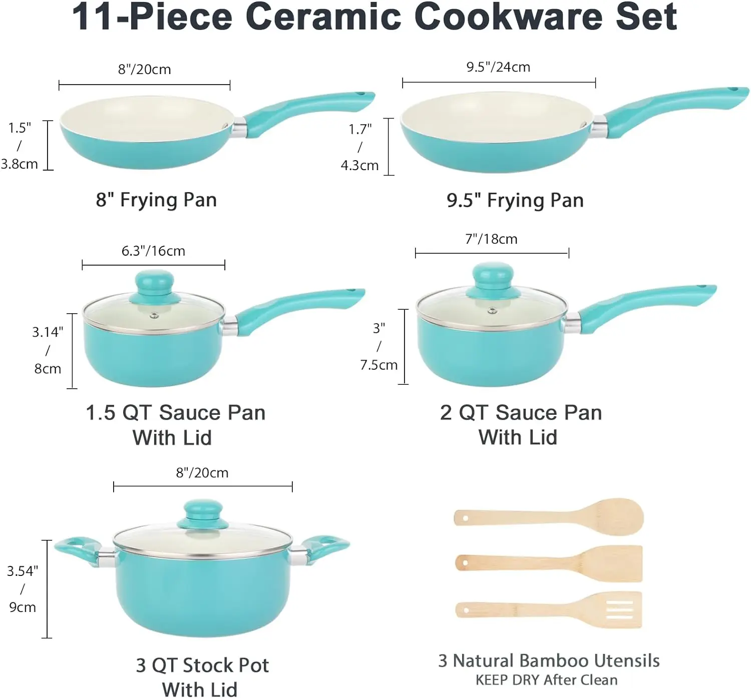 11pcs Kitchen Cookware Sets Induction Cookware, Ceramic Non Stick Cooking Set, Stay Cool Handle & Bamboo Kitchen Utensils