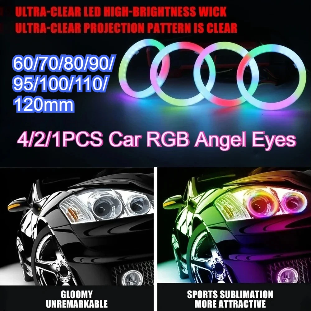

4/2/1PCS Car RGB Angel Eyes Dynamic with Turn Signal 60mm 70mm 80mm 90mm Halo Rings DRL Led Headlights Projector APP Control