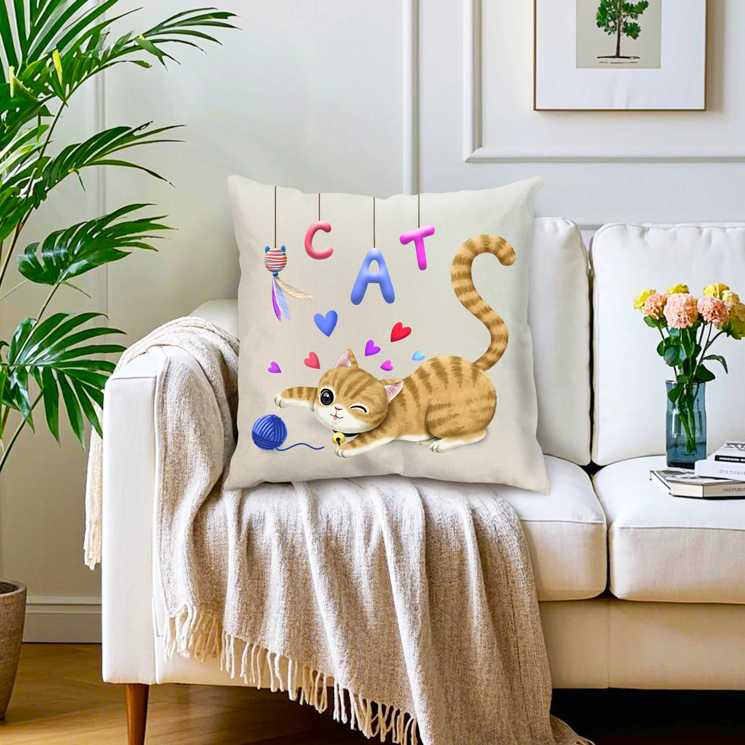 Cute Tabby Cat Linen Cushion Covers Yarn Ball Letter Kitten Throw Pillow Case Pet Animals Home Decor Sofa Couch Bedroom Patio