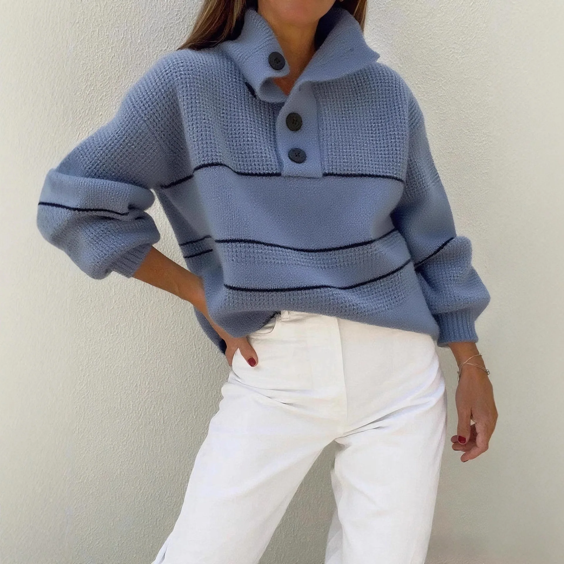 Damenbekleidung Winter Vielseitiger Damen Kleidung Polo Neck Pullover Pullover Pull En Maille Femme Half Button Long Sleeve Sweater