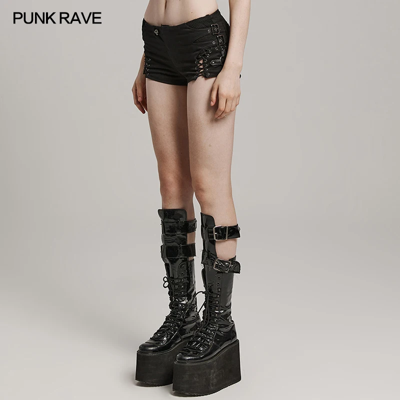 PUNK RAVE Women Punk Black Low Waist Shorts Side Lace Up Cut Out Slim Fit Gothic Mini Hot Pants Streetwear WK616
