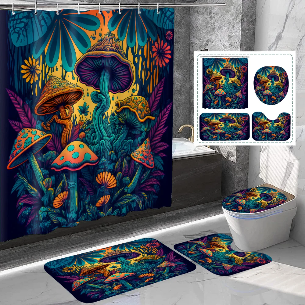 

4-piece set of daisy and yellow mushroom printed waterproof shower curtains with 12 hooks and bathroom floor mats