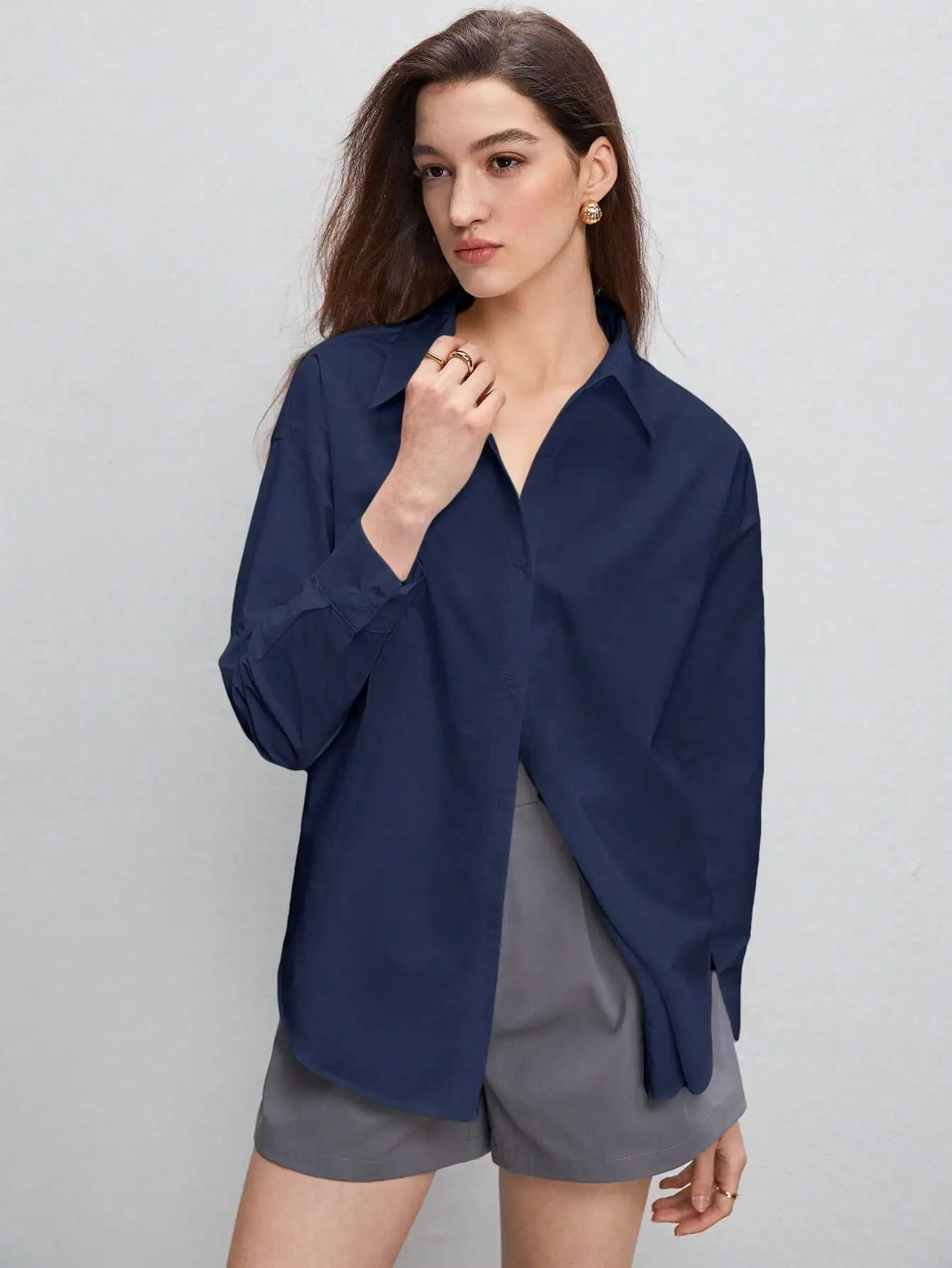 

Women Solid Color Turn-Down Collar Long Sleeve Shirt Casual Business Office Wear