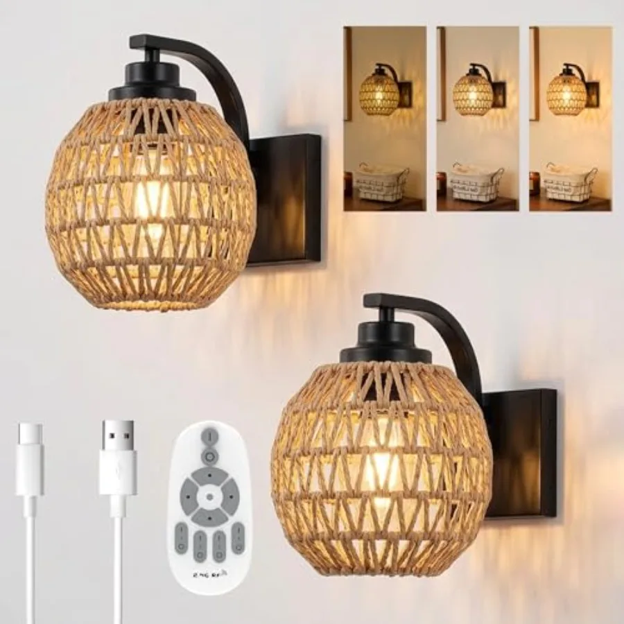 

Battery Operated Rattan Wall Sconce Set of 2 with Remote Control Rechargeable Wireless Led Wall Lamp Indoor Cordless Wall Light