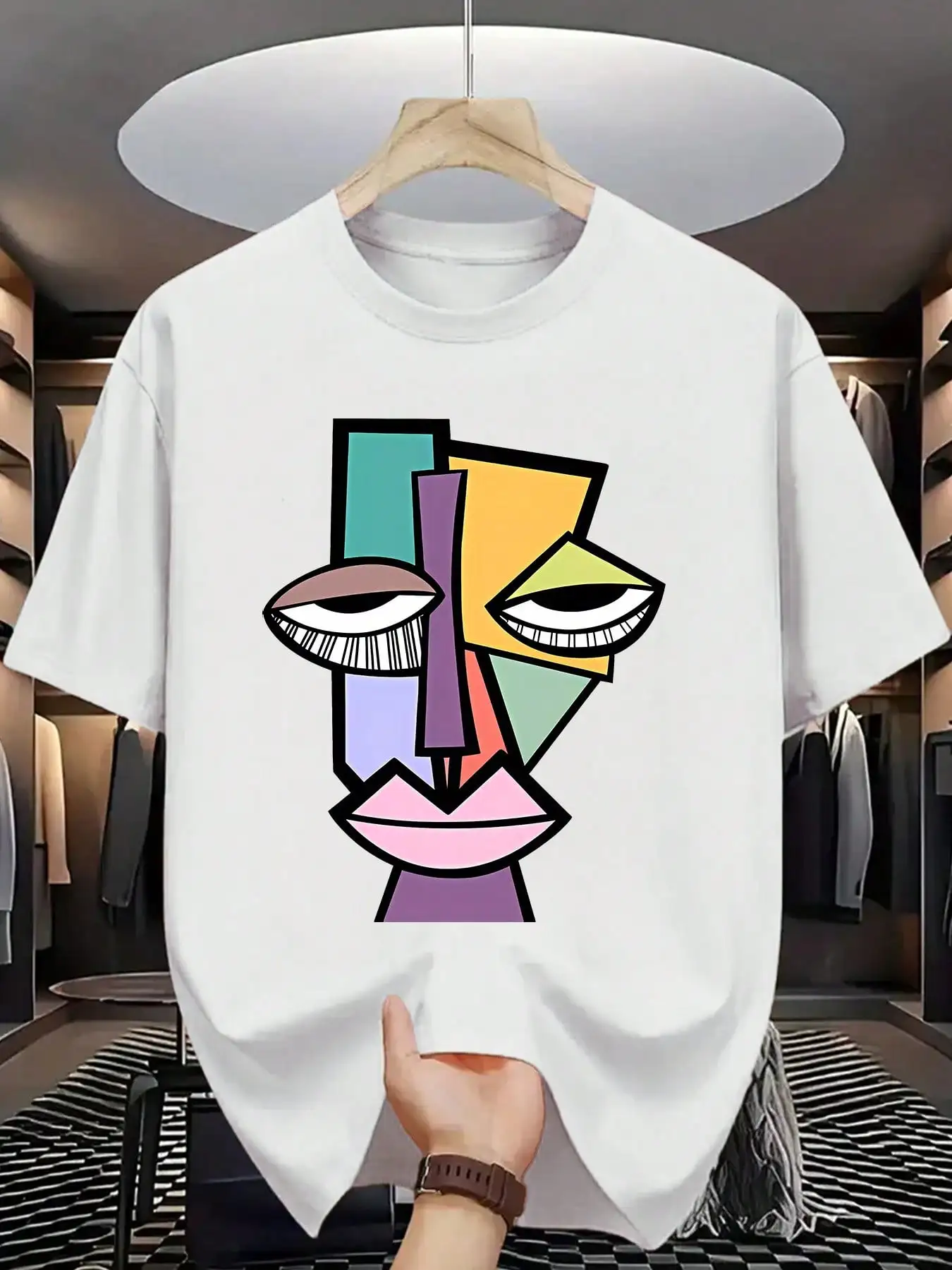 

Мужская футболка с абстрактным рисунком лица - свободный крой, короткий рукав, хлопок, летняя повседневная одежда