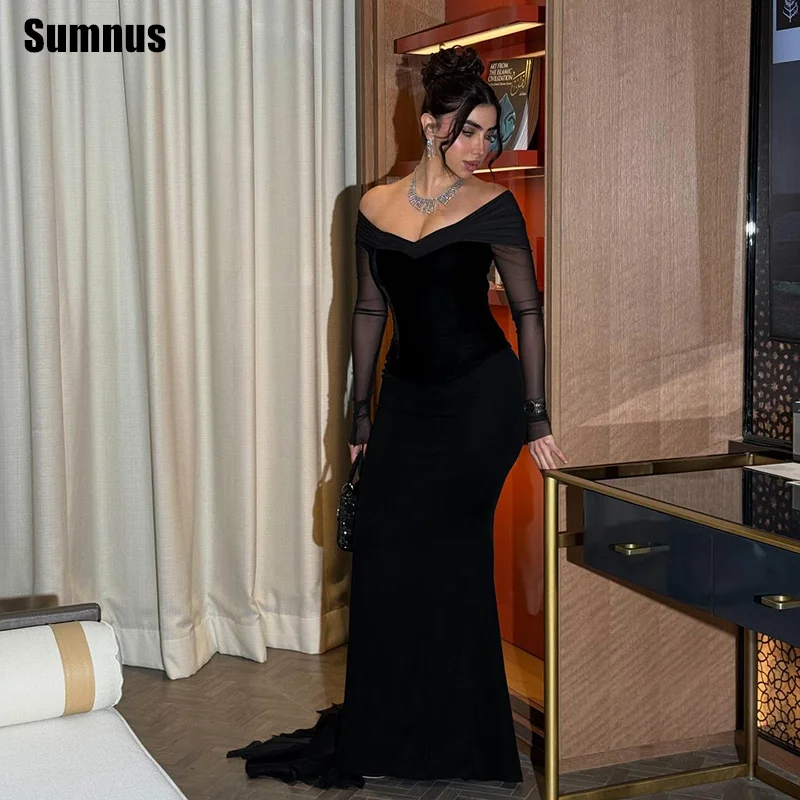 

Sumnus Simple Mermaid Prom Dresses Velvet Black Off Shoulder Full Sleeves Maxi Evening Dress فساتين سهرات Customized
