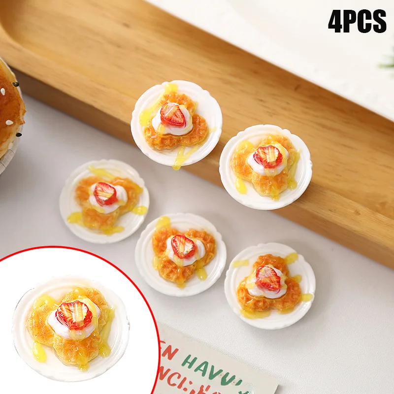 4 قطعة دمية مصغرة محاكاة الغذاء الفراولة كعكة الوافل نموذج DIY بها بنفسك اكسسوارات المطبخ الراتنج دمية الديكور