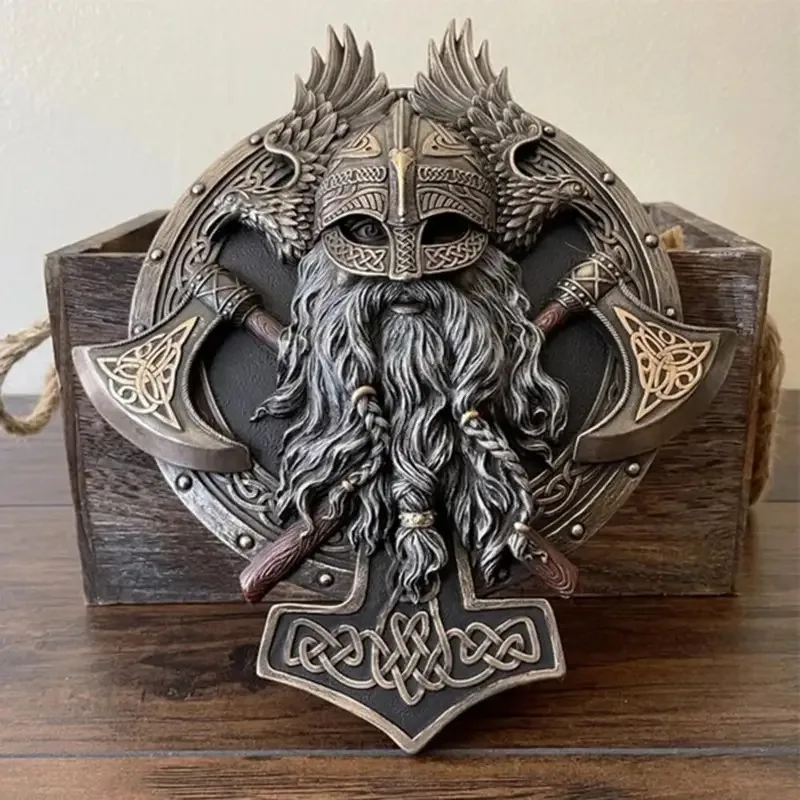 Viking Berserker Double Axe Valhalla Wall Sculpture Resin Ornaments Garden Figurine  Home Wall Plaque Decoration Warrior Statue