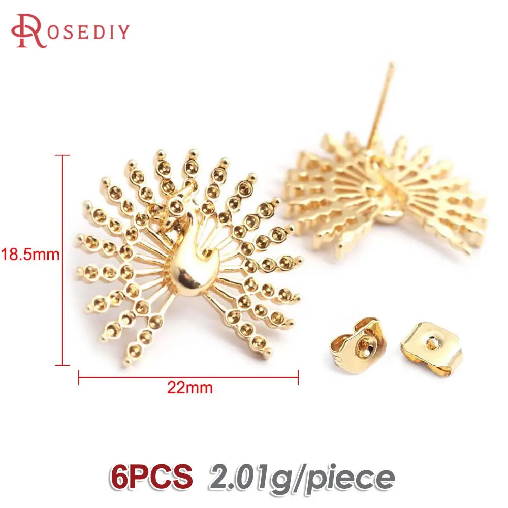 6PCS 18K Gold Color Brass Peacock Stud Earrings Pins Earrings High Quality Diy Jewelry Making Supplies Accessories for Women