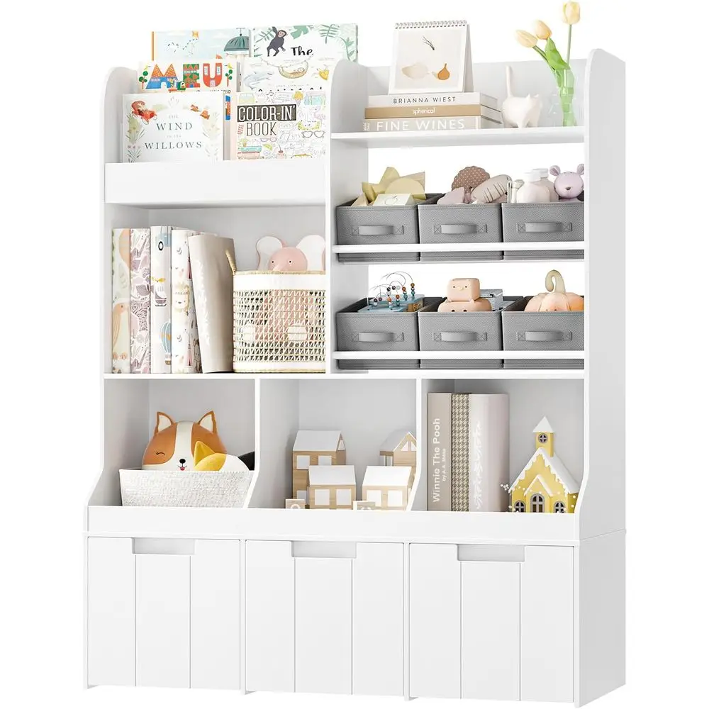

Kids Bookshelf with Toy Storage Organizer, 3 Drawers & 4 Cubbies, Playroom & Classroom, White