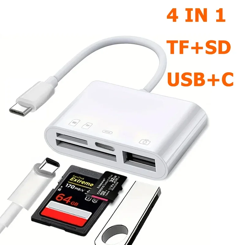 قارئ بطاقات OTG 4 في 1 متوافق مع ذاكرة كاميرا بطاقة SD/TF لهاتف iPhone 16 وسامسونج وهواوي وشاومي للشحن السريع