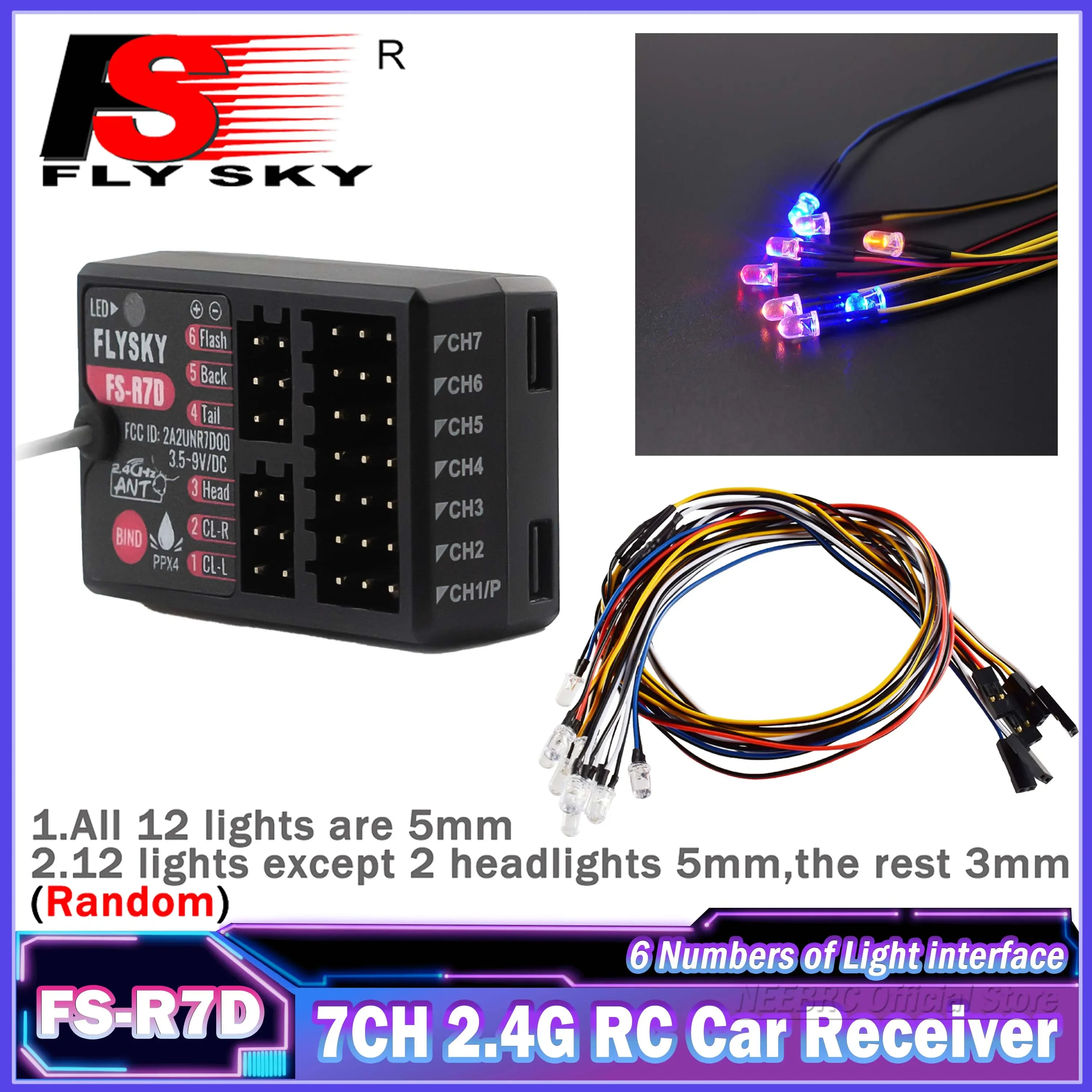 FLYSKY-FS-R7D de 7 canales para coche, receptor de 2,4G, 12LED, grupo de luces de 3,5-9V, lámpara PWM, juego de 5mm y 3mm para modelo de tanque de