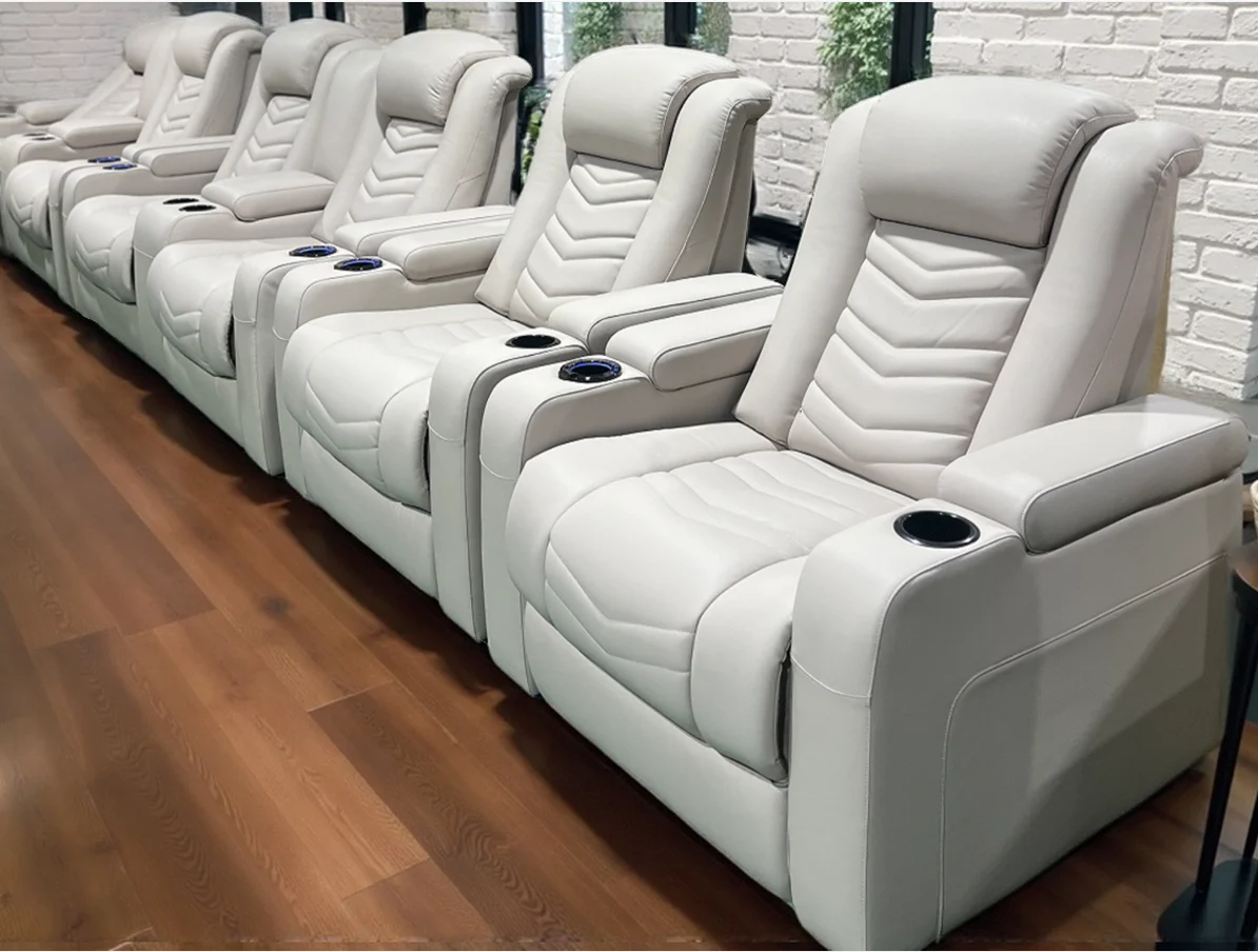 Sofás reclináveis modernos de couro creme para home theater com porta USB para sala de estar, escola e academia, móveis para cadeira de cinema