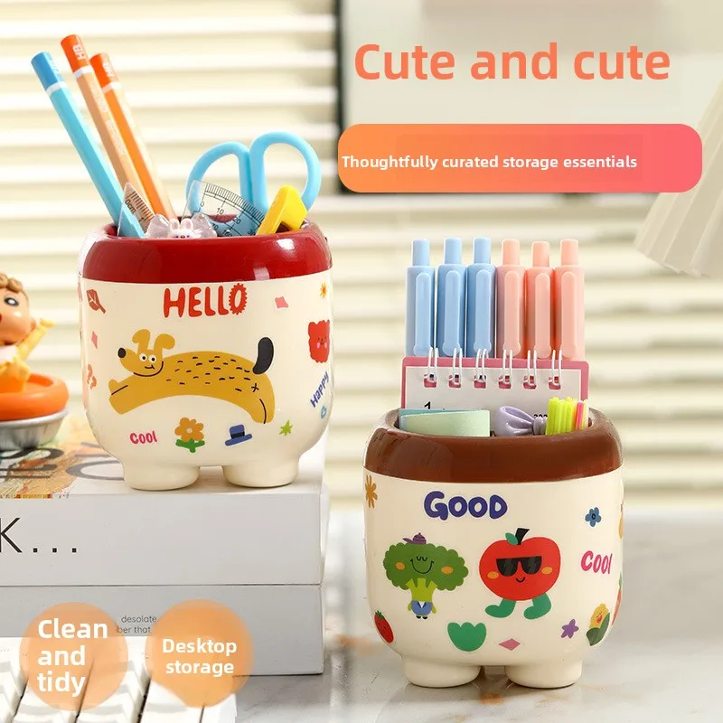 Girl creative cartoon pen holder cute grid high value plastic pencil case office desktop pen holder