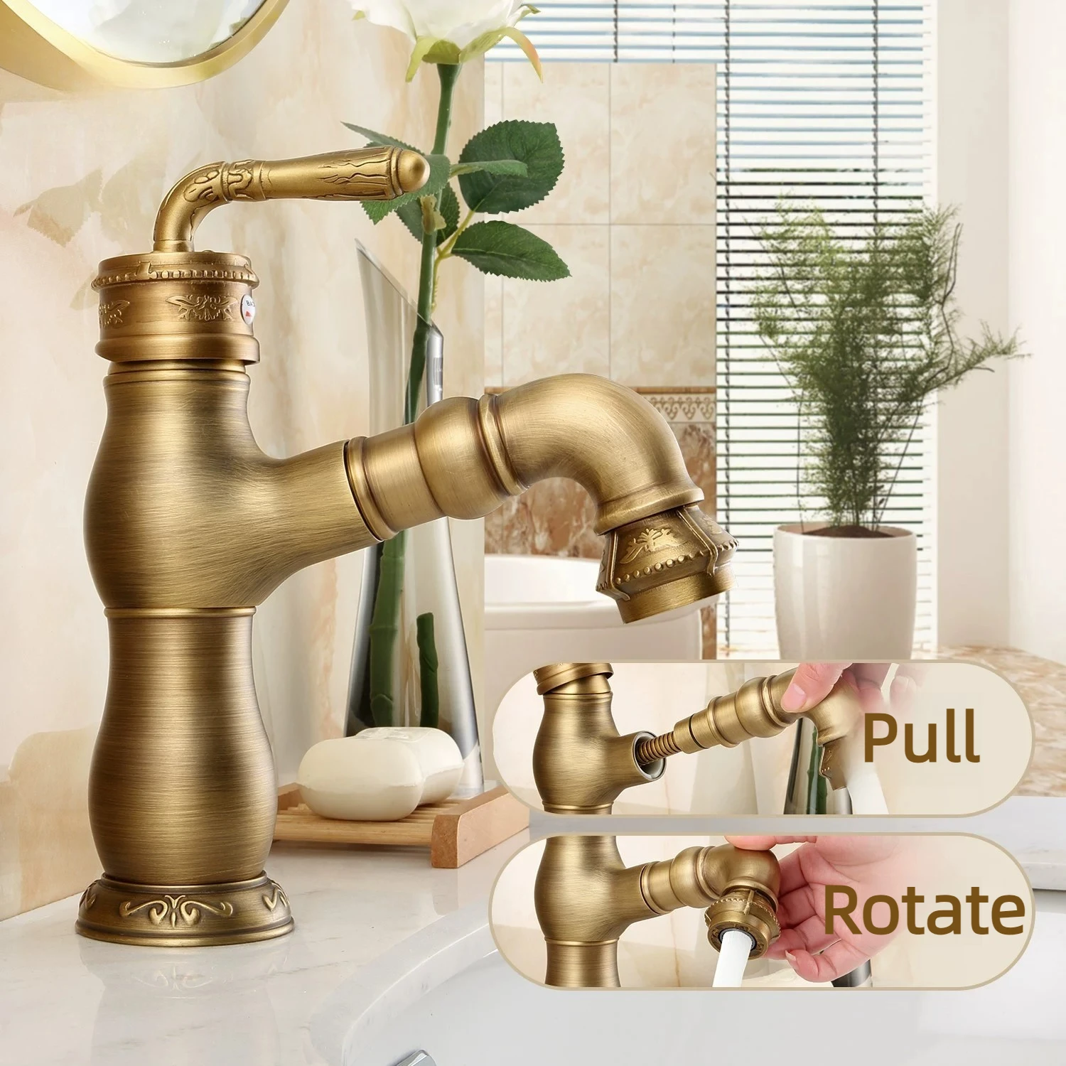 Retro pull-out faucet for antique full-copper bathroom basin, sink, shower head, hot and cold water bathroom cabinet