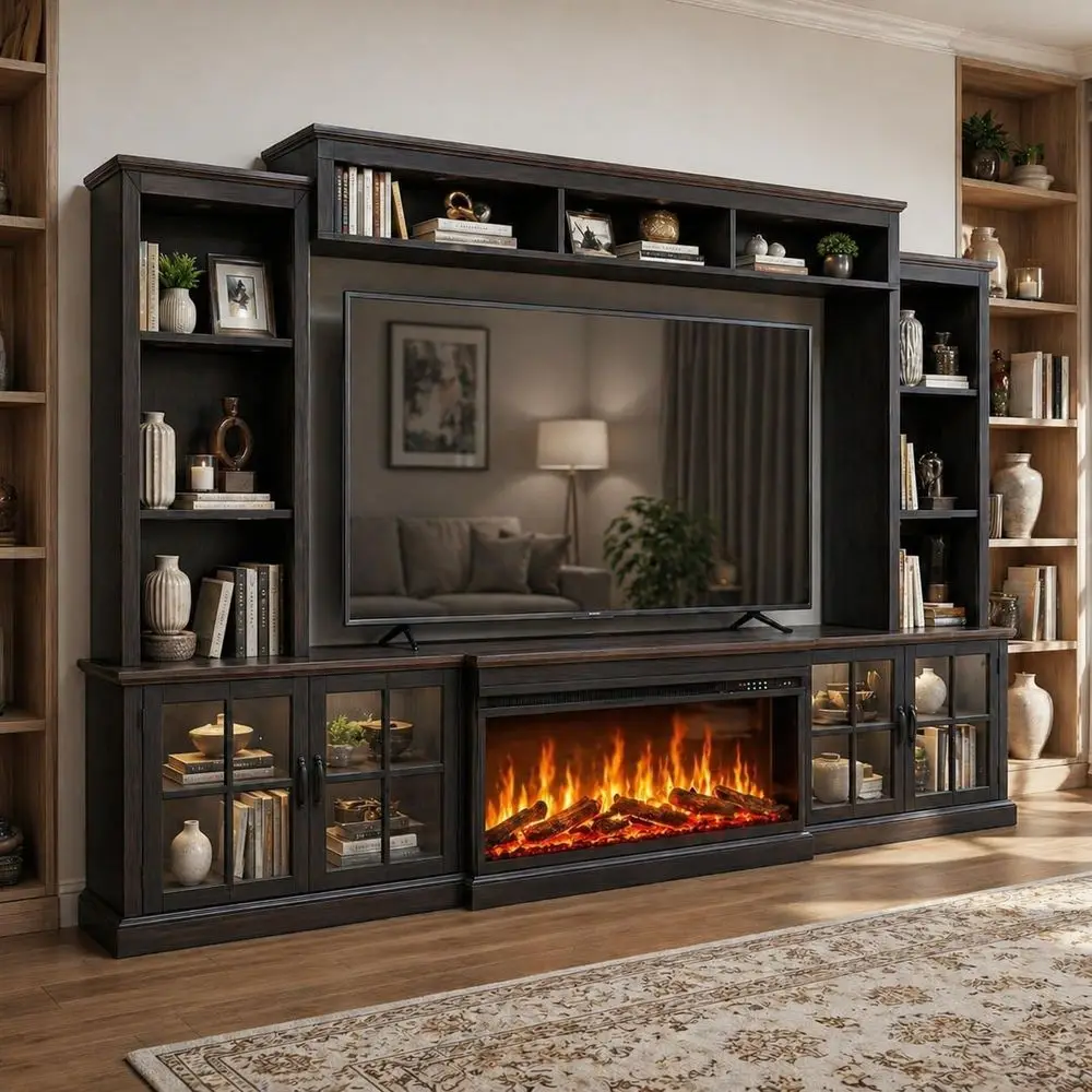 

Large TV Stand with Fireplace, Entertainment Center, Wall Unit Media Console with Bookshelves, Cabinet, Power Outlets for TVs up