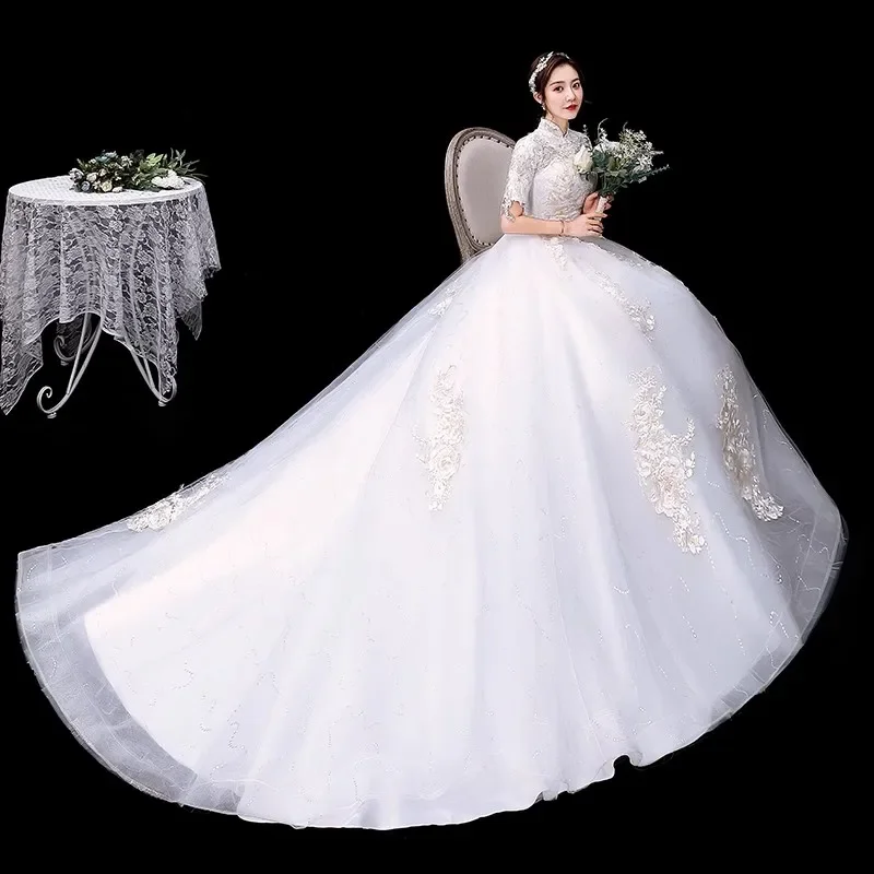 Cheap Weddign Dresses White Appliques Lace High Collar Short Sleeves Trailing Princess Floor length Plus size Bride Gowns XN136