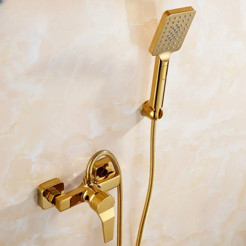 Brushed Gold Bathroom Shower Faucet Bathtub Mixer Tap with Handheld Modern Black Finish Hot and Cold Water Crane