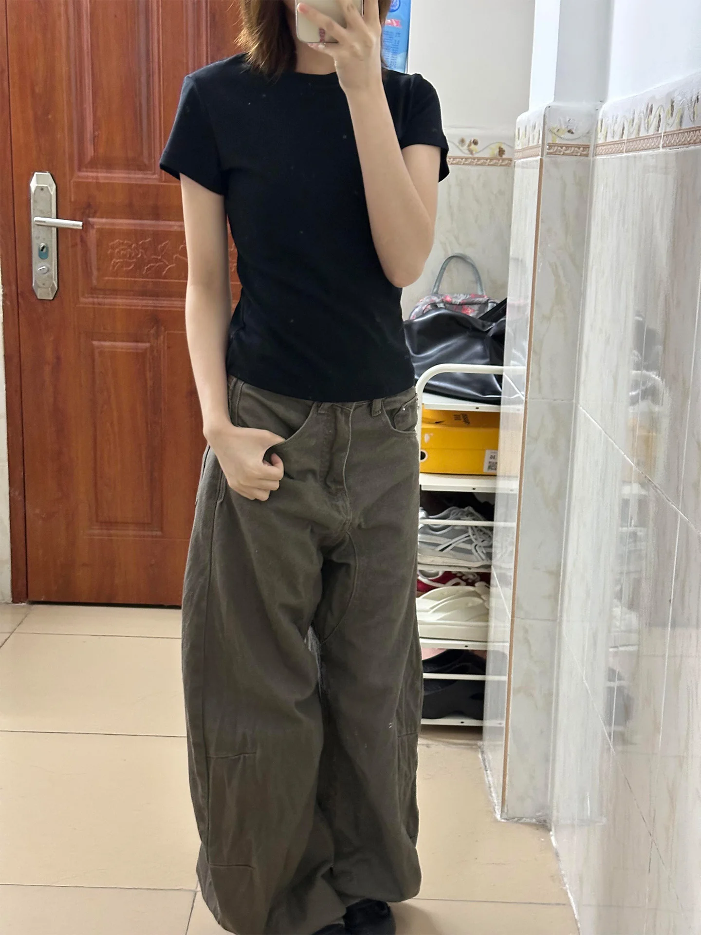 High Waist Loose Fit Denim Jeans Coffee Color Women's Summer New Style Bell Bottoms American Style Long Pants for Trendy Girls
