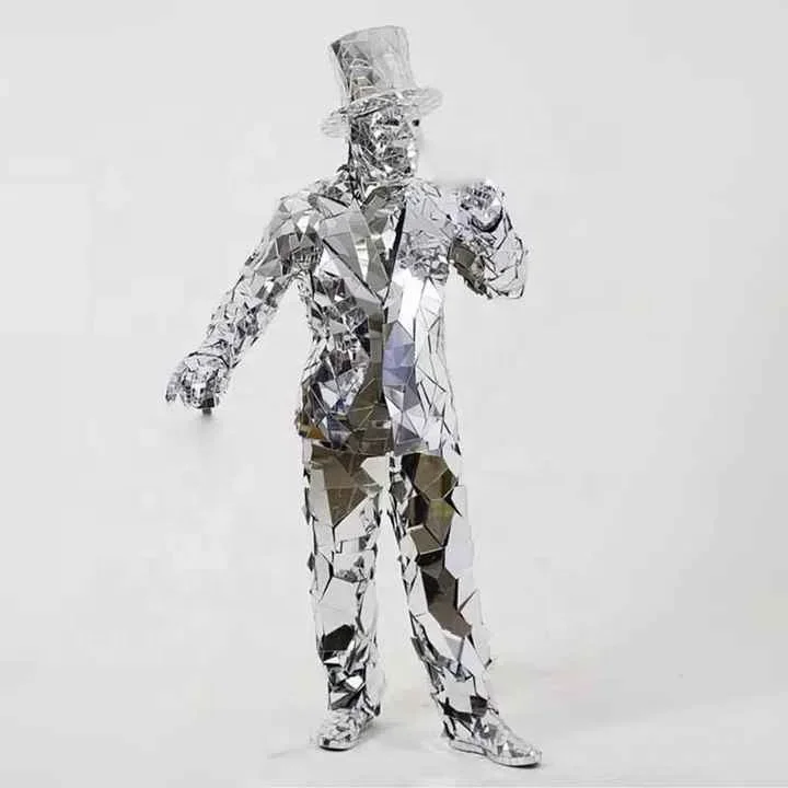 Silver Mirror Costumes Mirror Glass Man Performance Clothing  Costume Work Suits for DJ Club Party Nightclub Stage