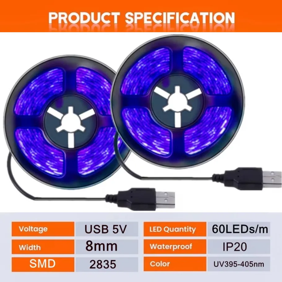 Elastyczna taśma LED UV 2835 SMD 5V Fioletowa 395-405nm Ultrafioletowa czarna taśma LED do wykrywania pieniędzy Dekoracja świąteczna do domu