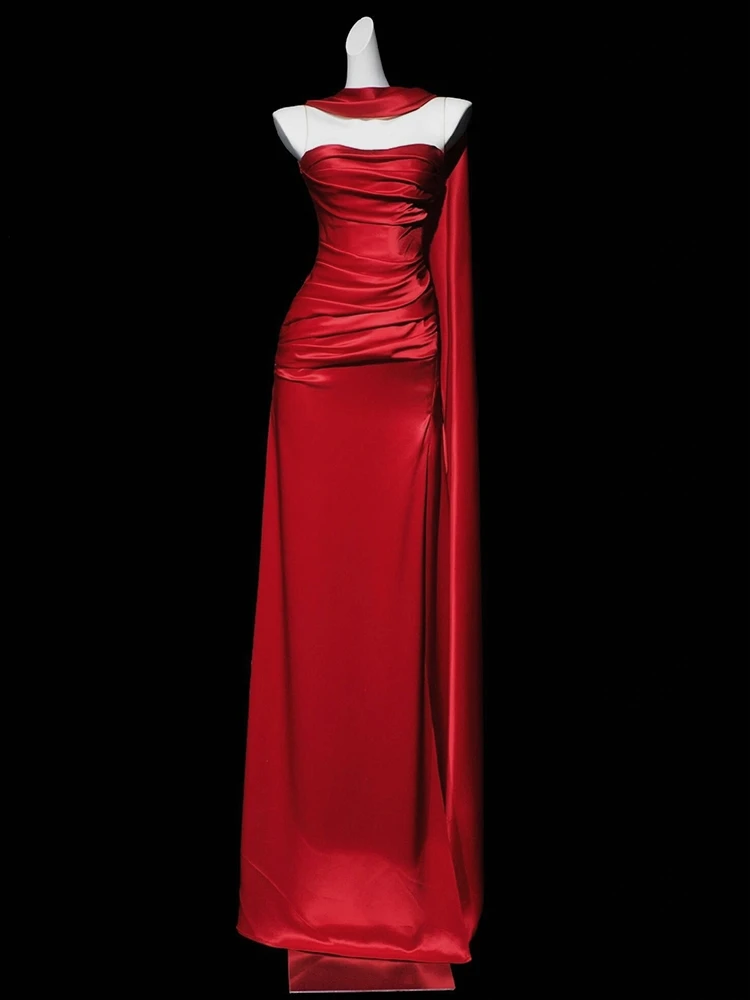

Красное атласное вечернее платье-русалка для невесты на помолвку, длинное, с молнией, без рукавов, со средней талией