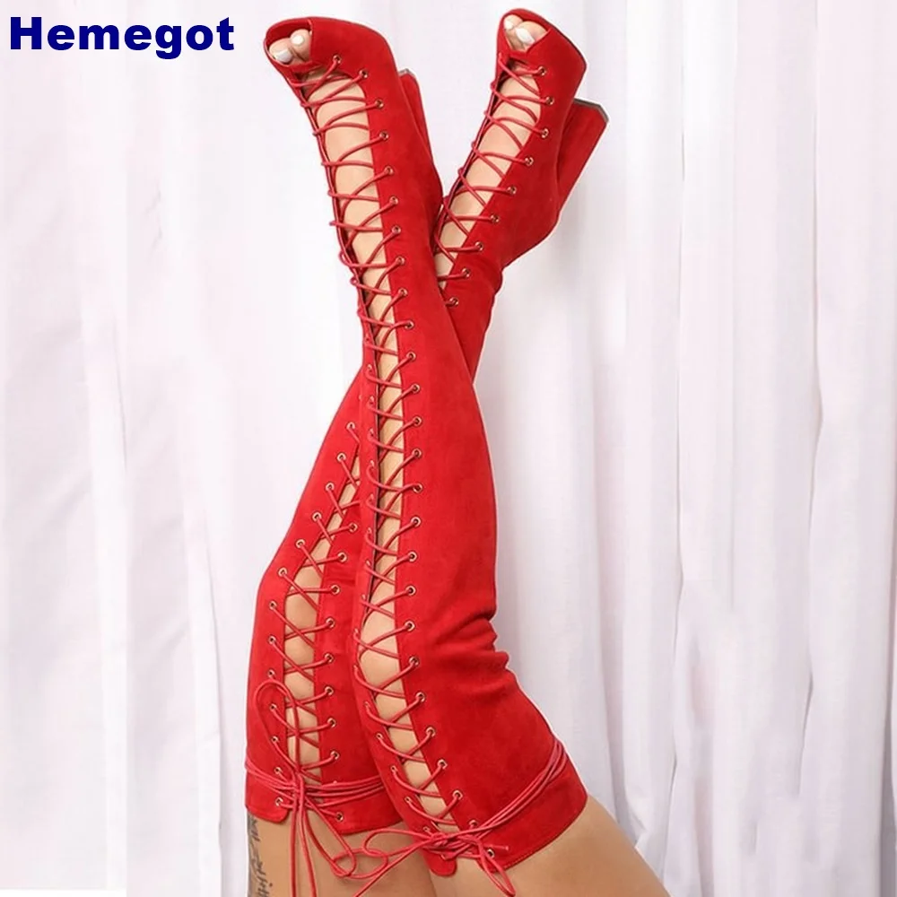 

Sexy Cross Strap Hollow Peep Toe Boots Summer Over The Knee Thick High Heel Boot Solid Color Street Fashion Ladies Casual Boots