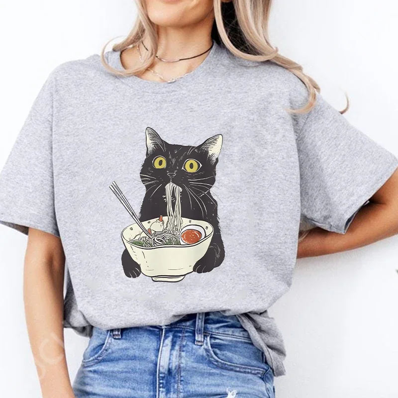 Noodle Cat Women Tees Funny Ramen Black Cat Tshirt Female Casual Clothes Short Sleeve Tops Ladies Fashion Cartoon Graphic Shirt