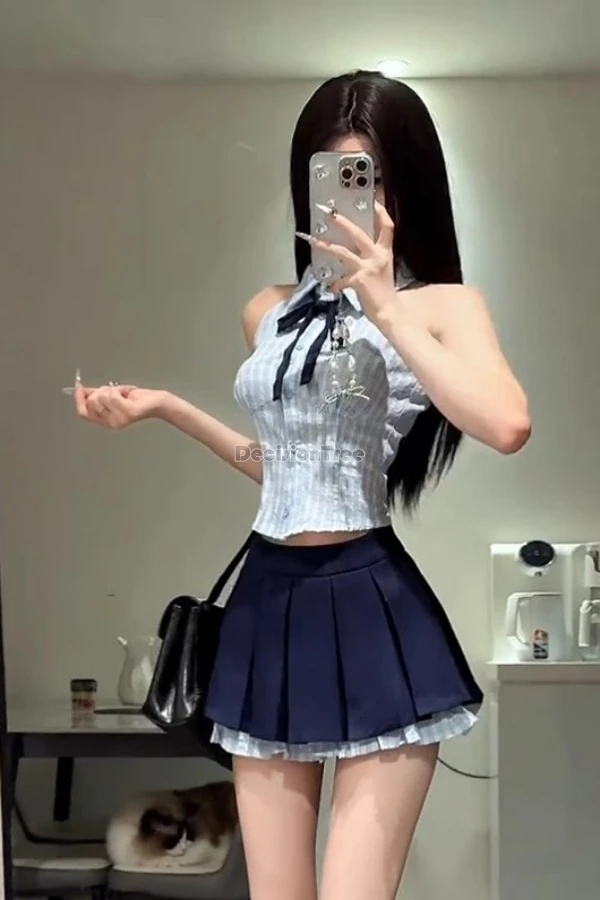 2025 abito uniforme in stile scolastico coreano giapponese in due pezzi da donna estivo chic top allacciato e gonna corta a pieghe a vita alta set jk