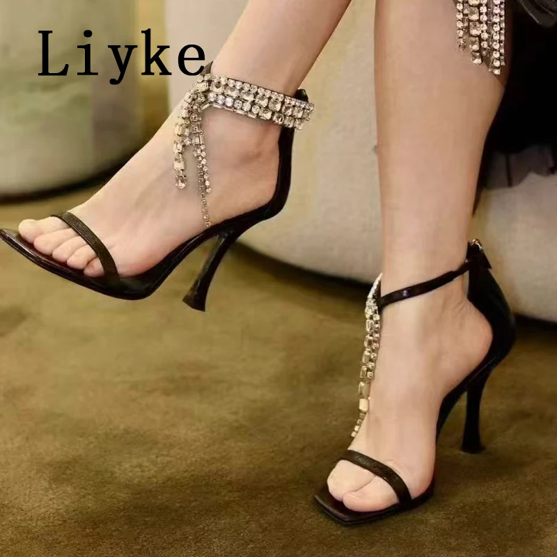 Liyke 2026 New Fashion Crystal Tassels Woman Sandals Sexy Ankle Zip Cover Strap Rhinestone High Heels Wedding Party Shoes Women