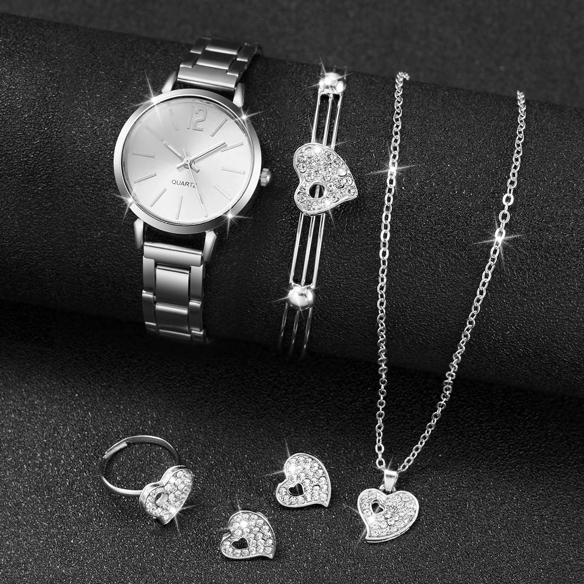 Pulseira de relógio de aço inoxidável para mulheres, relógios de quartzo analógico, conjunto de jóias sem caixa, moda, 6pcs