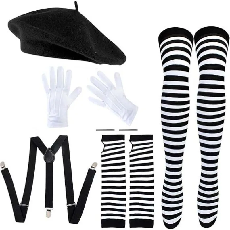New Clown Costume Accessories,Parisian Style Beret Scarf Sunglasses Gloves for Women Halloween Carnival Party Fancy Dress Up
