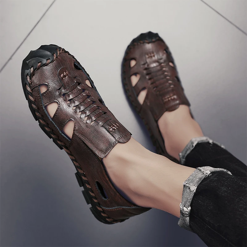 Men's Sandals Summer Beach Shoes High Quality Plus Size Hand Sewn Slippers