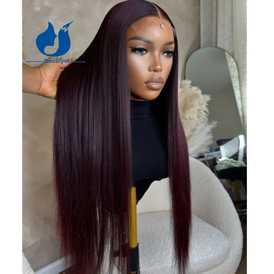 Long Burgundy Straight 5.5x4.5PU Silk Base Lace Closure Wig Brazilian Remy Hair for Women 13x6 Lace Front Wig Pre Plucked 99J